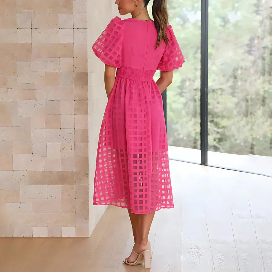 Cindy - Classic Patterned Puff Sleeve Midi Dress