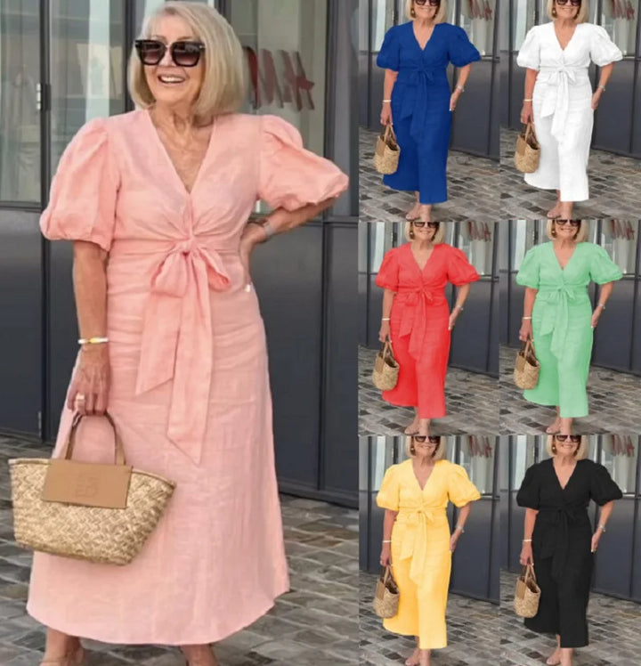 Esther Cotton Dress with V-Neck and Ties for Elegant and Comfortable Style