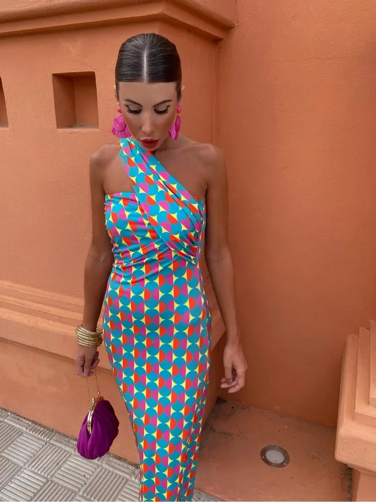 Irmgardi - Colorful Asymmetric Neckline Dress