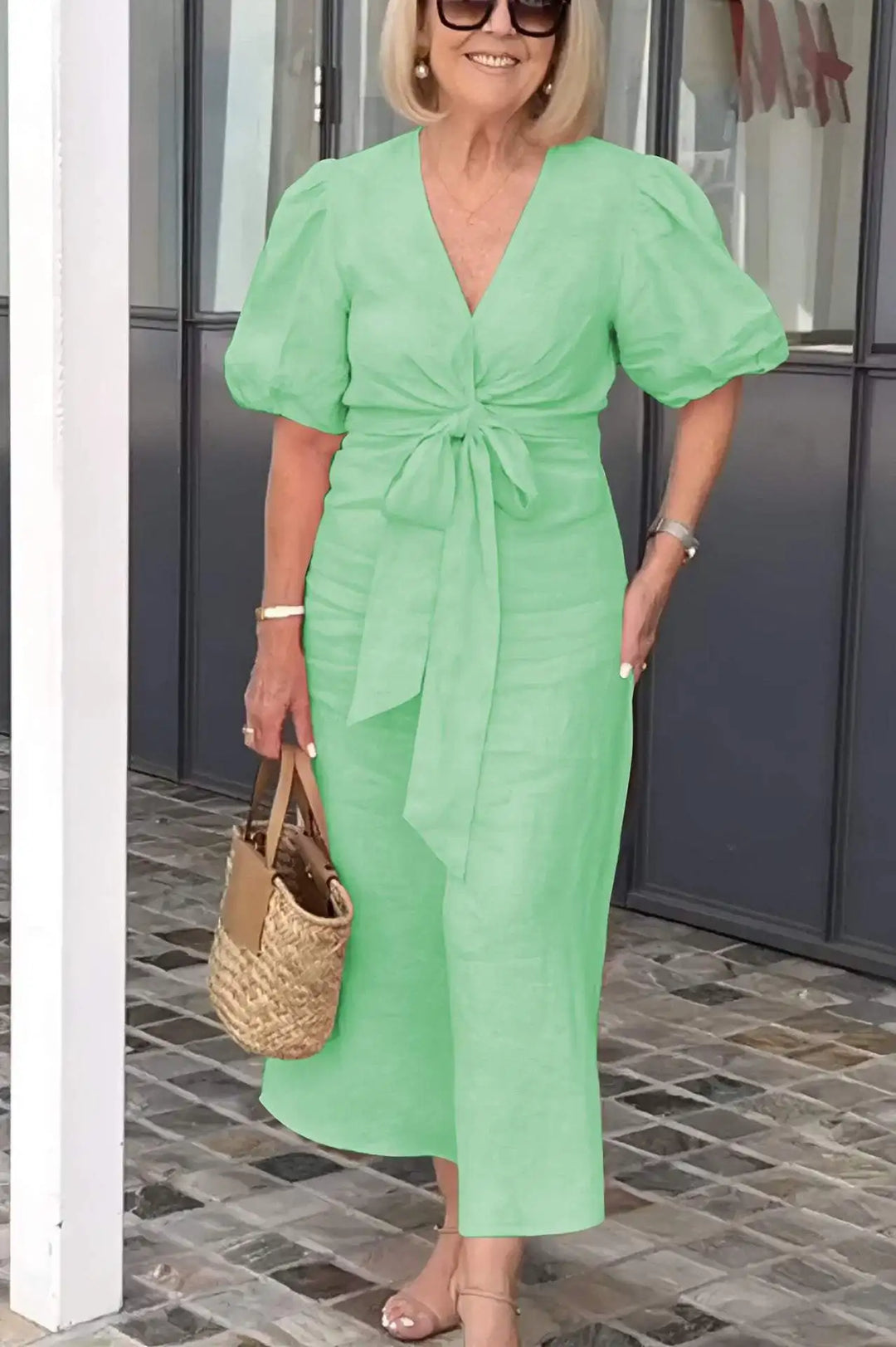 Esther Cotton Dress with V-Neck and Ties for Elegant and Comfortable Style