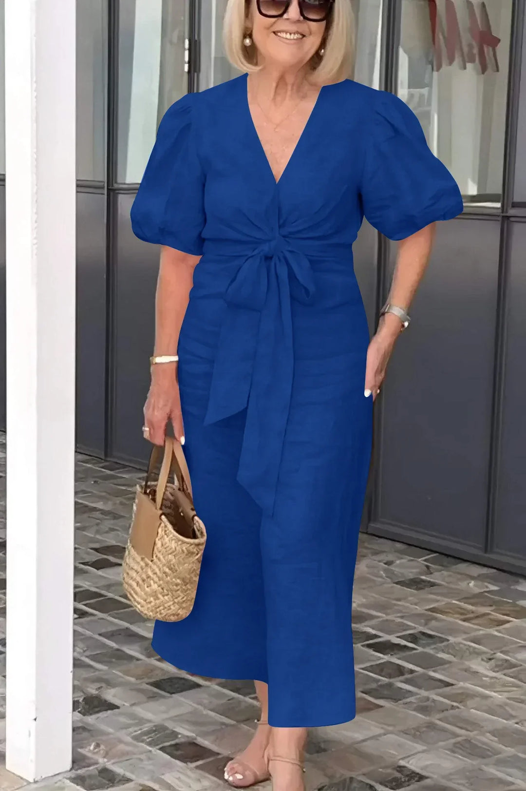 Esther Cotton Dress with V-Neck and Ties for Elegant and Comfortable Style