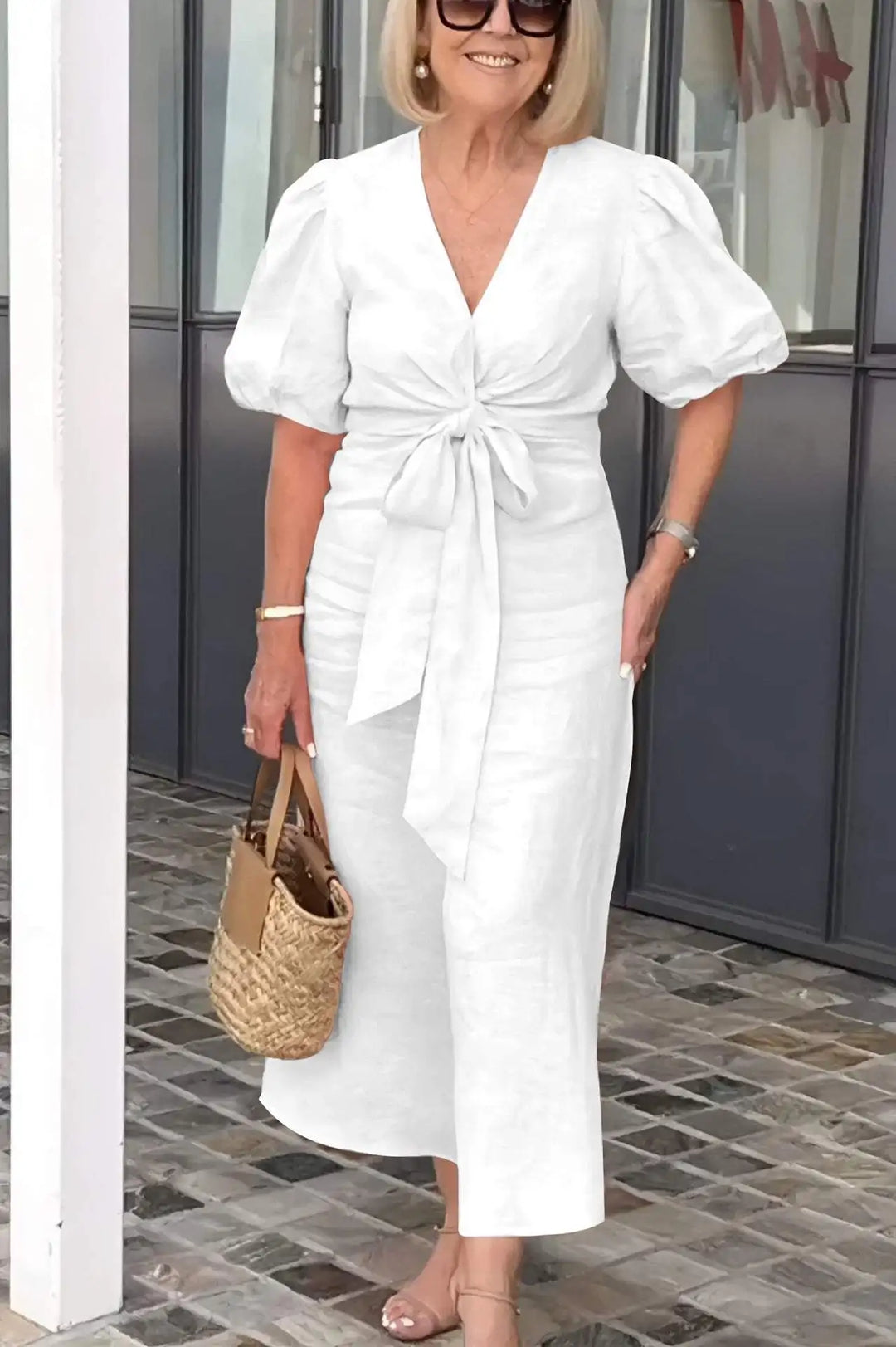 Esther Cotton Dress with V-Neck and Ties for Elegant and Comfortable Style