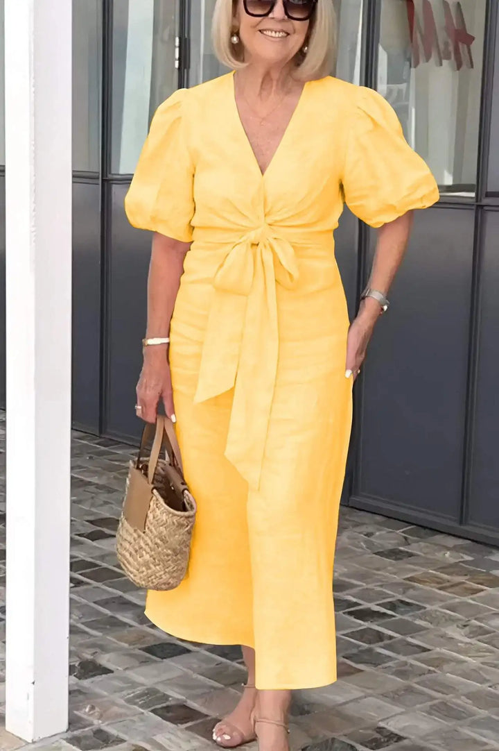 Esther Cotton Dress with V-Neck and Ties for Elegant and Comfortable Style