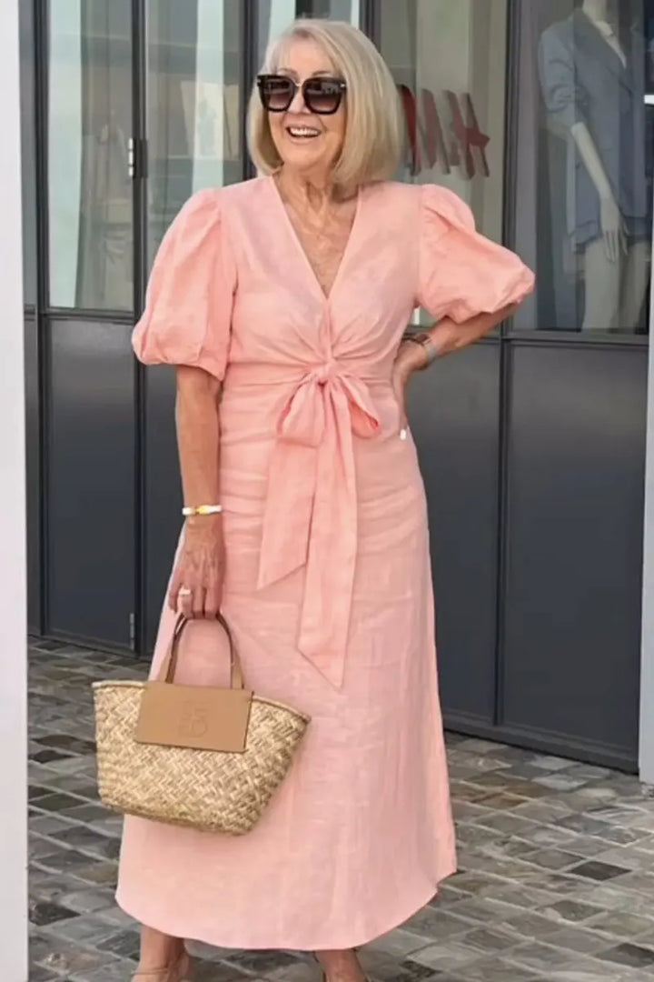 Esther Cotton Dress with V-Neck and Ties for Elegant and Comfortable Style
