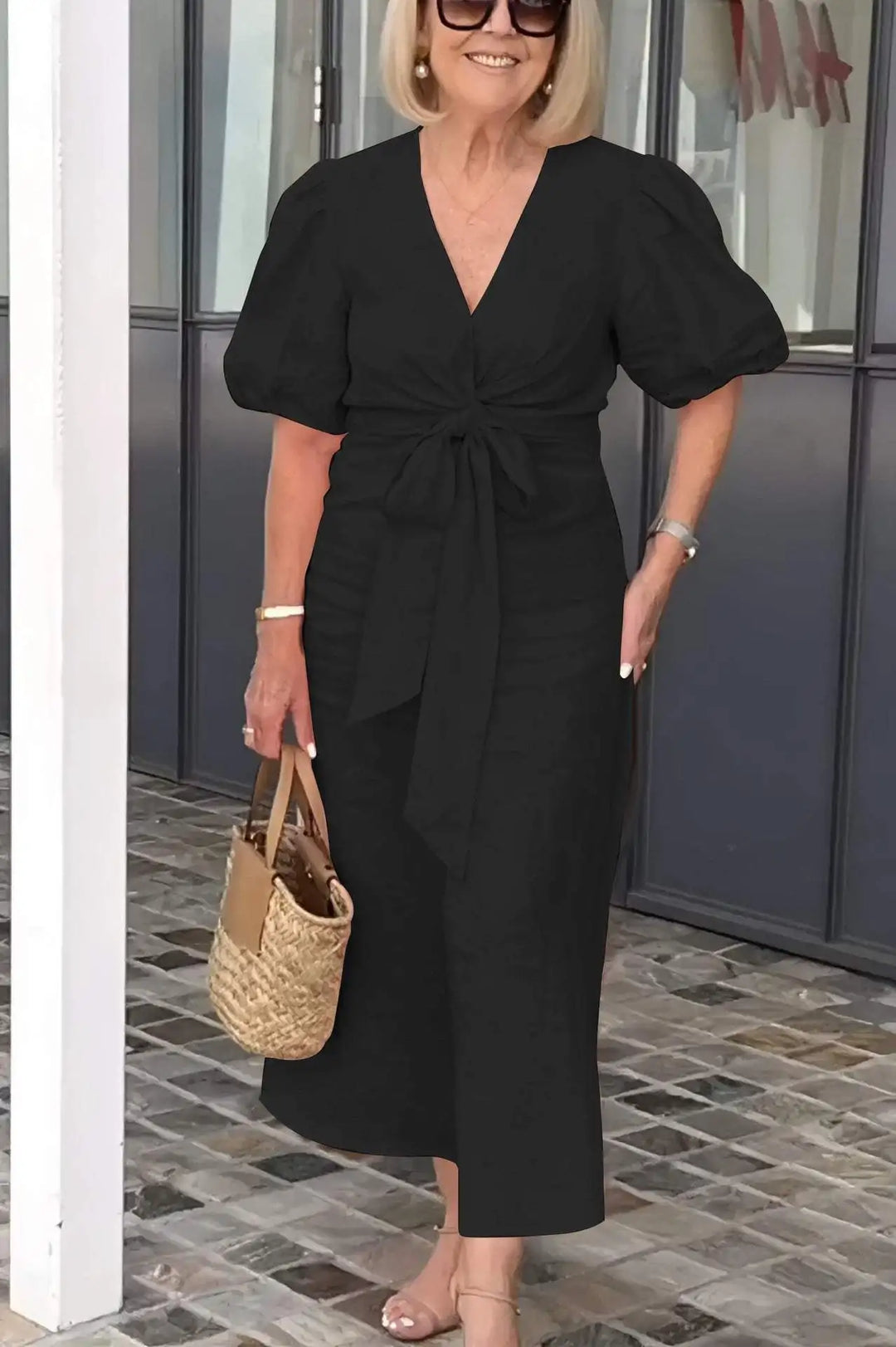 Esther Cotton Dress with V-Neck and Ties for Elegant and Comfortable Style