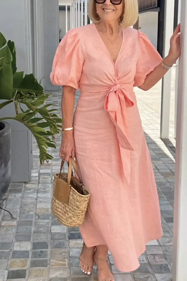 Esther Cotton Dress with V-Neck and Ties for Elegant and Comfortable Style