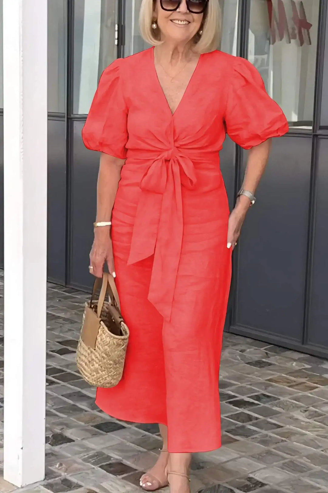 Esther Cotton Dress with V-Neck and Ties for Elegant and Comfortable Style